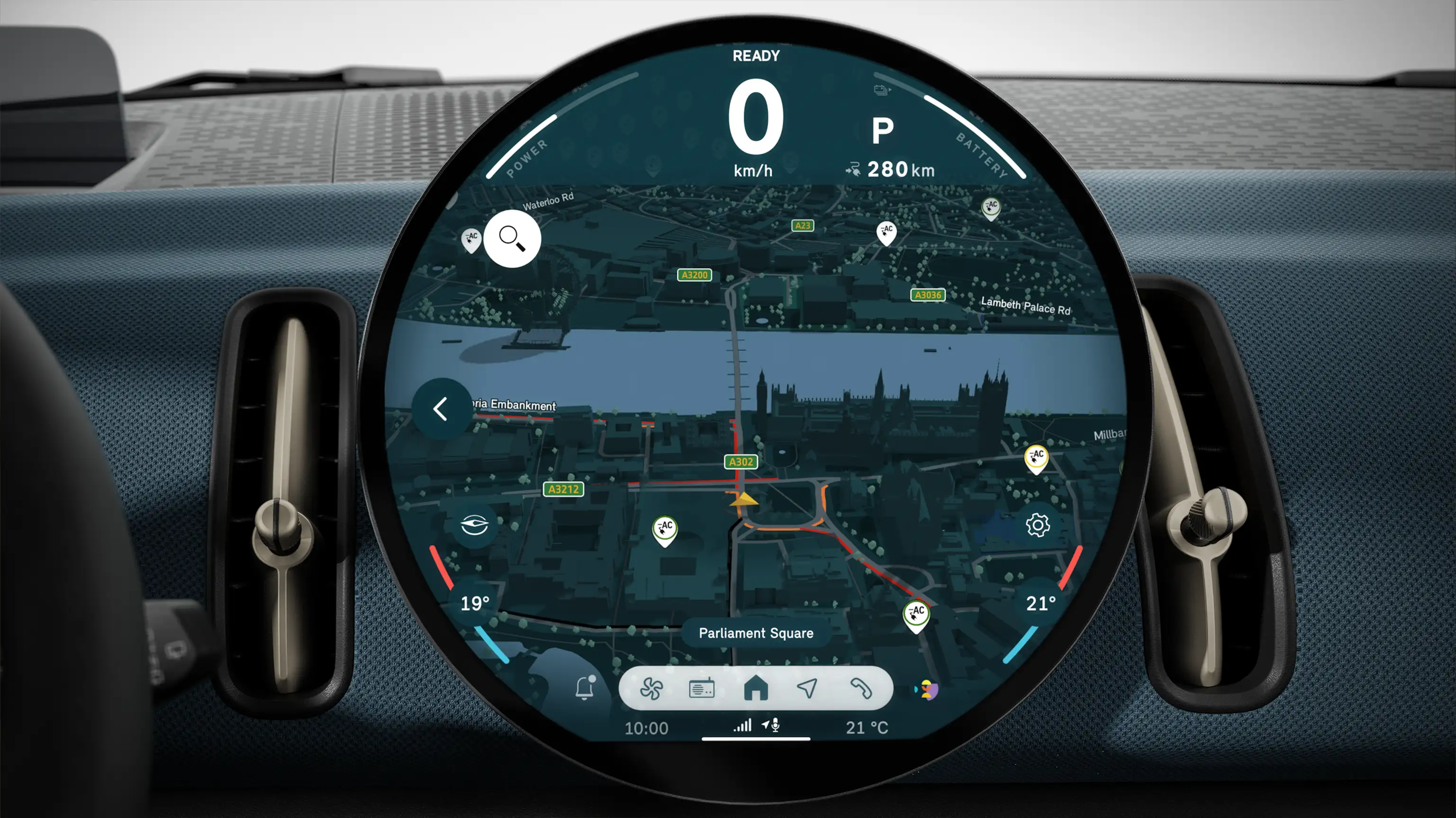 Écran d’infodivertissement circulaire MINI affichant une navigation 3D avec guidage d’itinéraire et détails cartographiques environnants.
